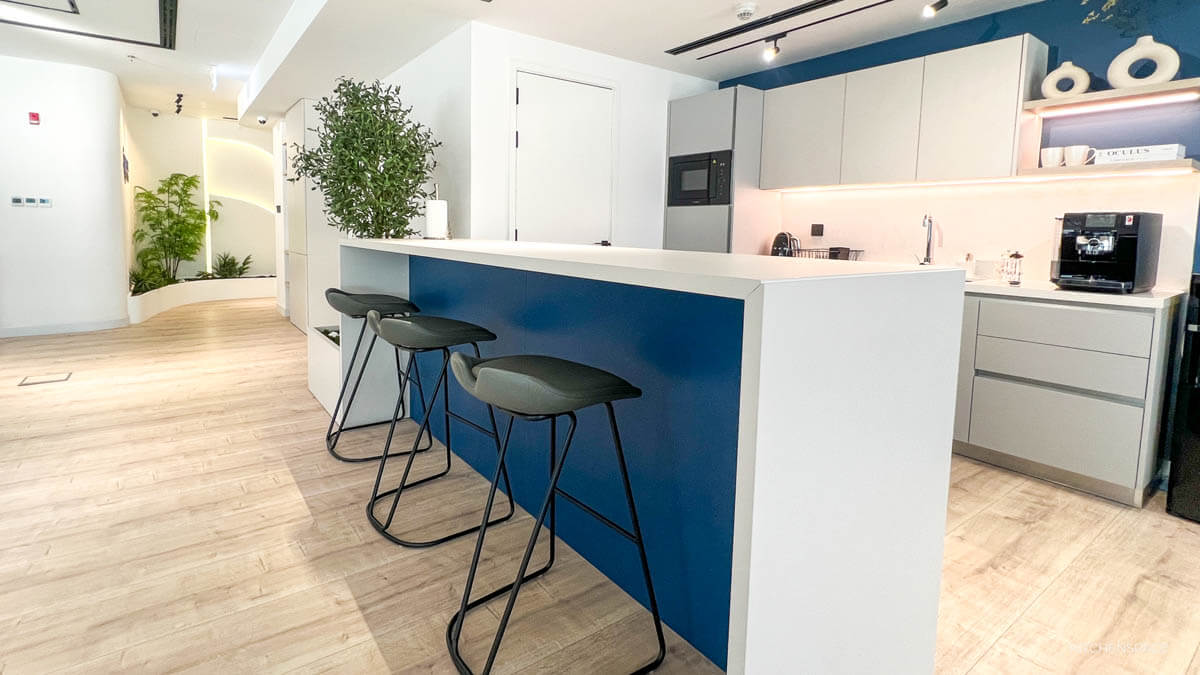 Vibrant Blue Office Kitchen Bar